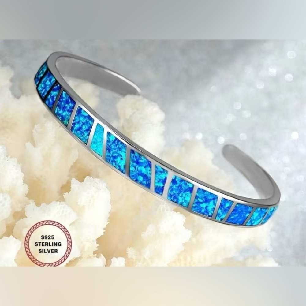 Blue Opal Inlay Sterling Silver Cuff Bracelet